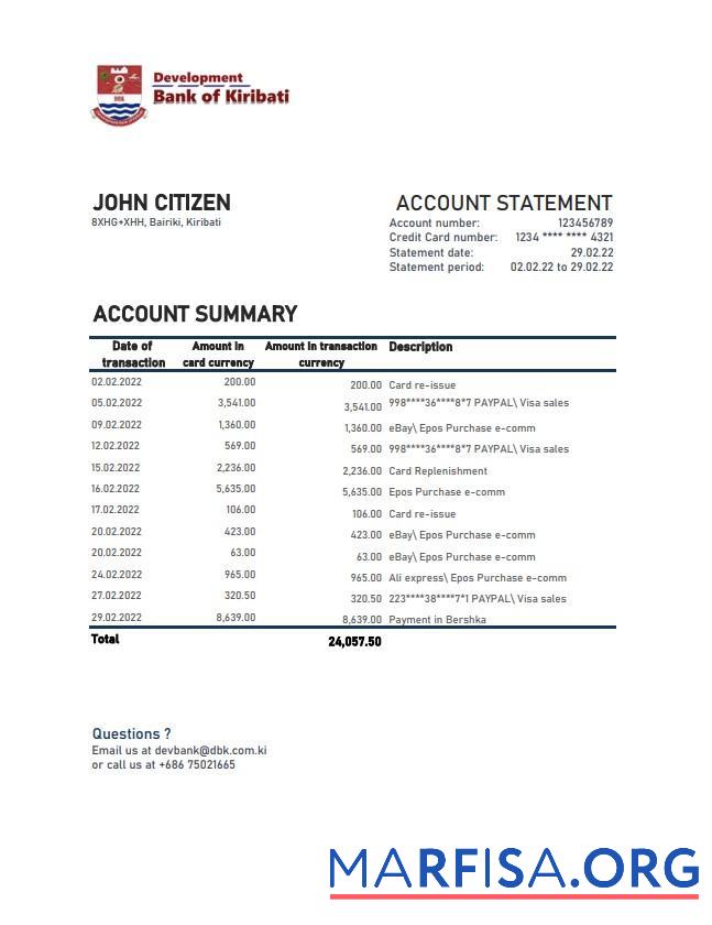 Realistic Kiribati Development Bank of Kiribati bank statement excel sample